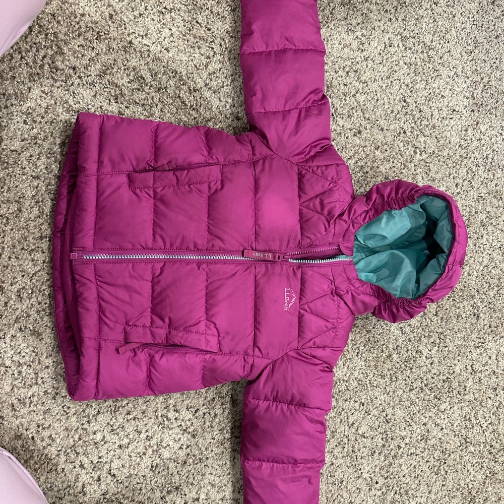 L.L. Bean Kids Magenta Puffer Jacket with Teal Hood